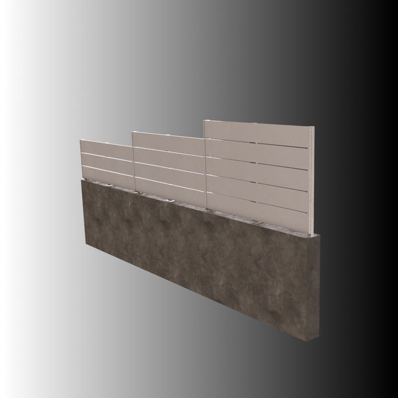 blanco-modelo-1-3alturas Modelo 1 de valla metálica sobre muro. Diseño lamas plegadas horizontales. tallermetalico.com