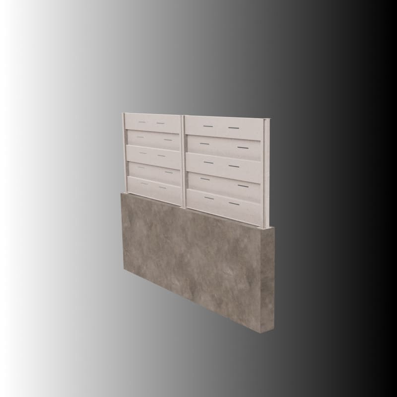 Valla metálica modelo 3 Modelo 3 de valla metálica sobre muro. Pared plancha única metálica de plegados horizontales emplazada en pilares verticales. tallermetalico.com